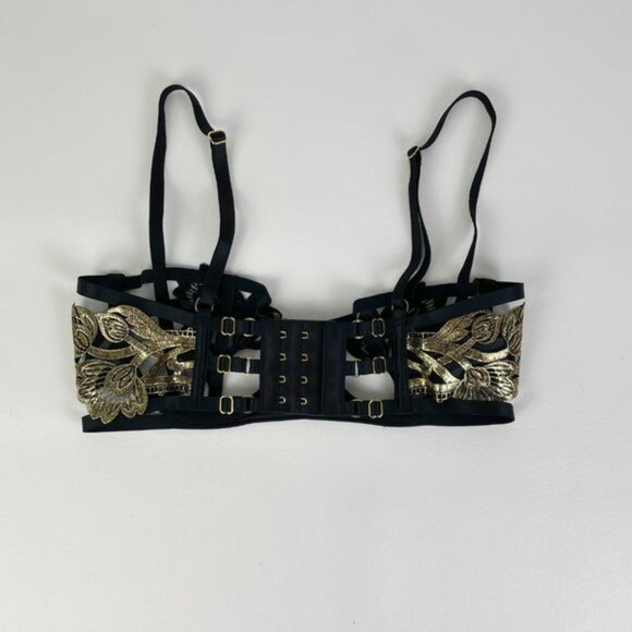 NWOT Victoria's Secret Bra 32C Unlined Balconet Strappy Banded Black Gold Floral - Picture 3 of 7